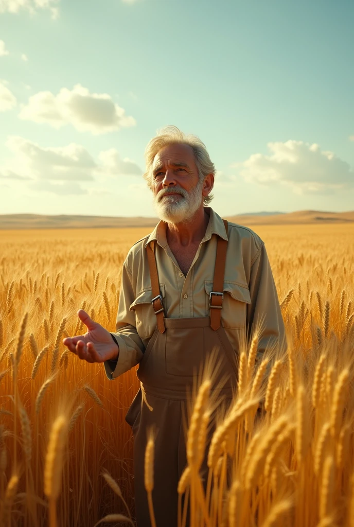 A once-barren field now flourishes with tall, golden wheat, shining brightly under a clear blue sky. The farmer stands in the middle of the field, astonished, as he runs his hands through the wheat. The sunlight creates a warm, golden glow, symbolizing the abundance that has come from his generosity.in cinematic style 