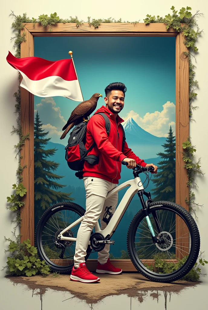 Gambar 4D abstrak seorang pria ganteng tersenyum memakai jaket red celana putih sepatu catch red, carry a backpack,ada sebuah bendera red putih indonesia dengan tiang kayu  berada di punggungnya ,dia sedang berdiri dgn sepeda mountain putih yg berada disampingnya tangan pada stang sepeda,an eagle&#39;s tail is on his shoulder ,mountain,tree,contrast in a cracked frame of shining platinum metal,whole picture with color,,milk gold,blue,red,green,black,cream ,create unique and fantastic effect images, images in the frame come out of the frame,,with a touch of neon on the side of the frame and a reflective shadow at the bottom of the frame,side fiew