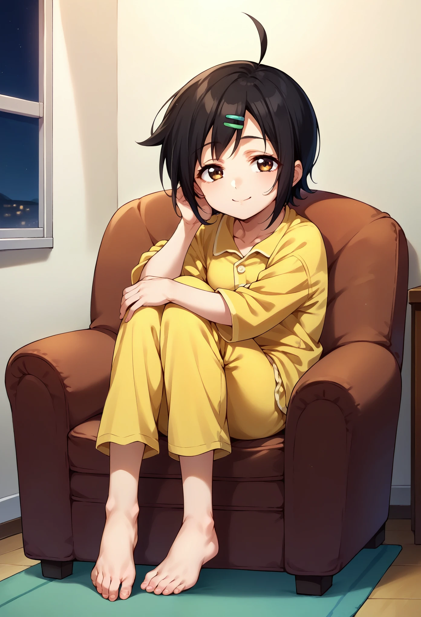 score_9, score_8_up, score_7_up, 1girl, solo, sakuTomo, black hair, short hair, ahoge, happy, sitting on armchair, yellow pajamas, yellow pajama pants barefoot, tired face, smiling, knees up,  looking at you, indoor, night