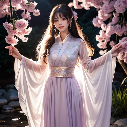 best quality, Delicate face,beautiful visual work, lifelike, eternity, black hair, Long curly hair, blunt bangs, Smile, Detailed Background, Delicate face,blush,cold,((masterpiece))、(top quality)、8k、high detail、Super detailed,21 years old female,Wearing Tang Dynasty Hanfu、waist skirt, Clothes are light and fluffy,Hanfu, wide sleeves, Transparent sleeves, Tunic, Clothes made of chiffon, Seductive and whimsical style、masterpiece、born、Scenes resembling fairy tale illustrations、Intricate details and complex designs、Beautifully、magic、capricious、 Beautifully、Dream aesthetics、「𝓡𝓸𝓶𝓪𝓷𝓽𝓲𝓬、ethereal、charming、fickle、magic」、Realism、Visual effects、FXAA、SSAO、Shaders、voiceless、ambient lighting、Tone mapping、High resolution、Ultra high quality、Million pixels、(8K resolution:1.10)、8k、Below 8K、8K resolution、high detail、intricate details, (high quality:1.2、masterpiece:1.2、:1.21)、(21 years old female:1.21)、(Smile excitedly)、(Surrounded by a dream-like atmosphere、Model diagram,full-body shot,Normal 2 feet,Put your hands behind you,The protrusion of the breast is visible when wearing clothes, Large Breasts, H cup chest, antiquity, Xian Xia, gauze clothes, Soft and fluttering, Fairy, dream, fantasy, light, elegant, nature, Immortal, romantic, classical, ribbon, light purple clothes, By the stream