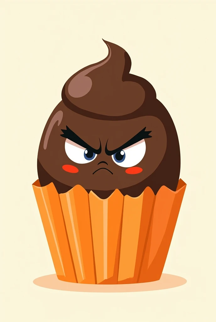 Create a drawing of a chocolate cupcake, egg, with an angry but cute face, and in an orange wrapper