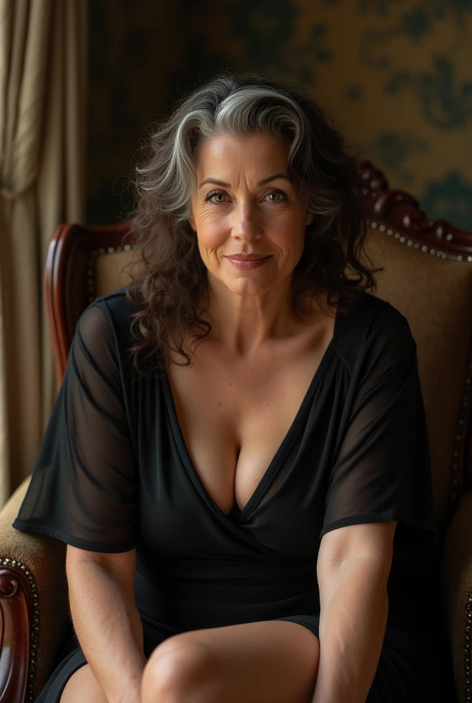 A brunette older mature hottest and most sexist and attractive gorgeous widow over 70 years old with curly hair and big breasts sits with her legs stretched out, taking a realistic photo
