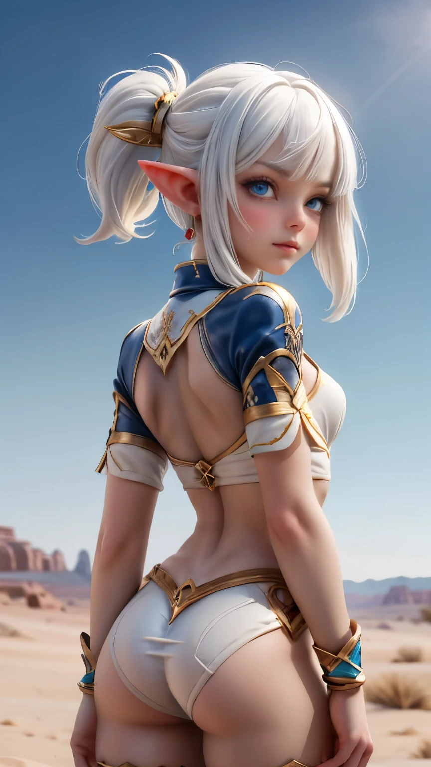 Ariel, upper body portrait, elf, white hair, beautiful, cute arabian clothes, warrior, midriff, fit, white hair, cowboy shot, rear view looking back, desert background, realistic fantasy ,concept art