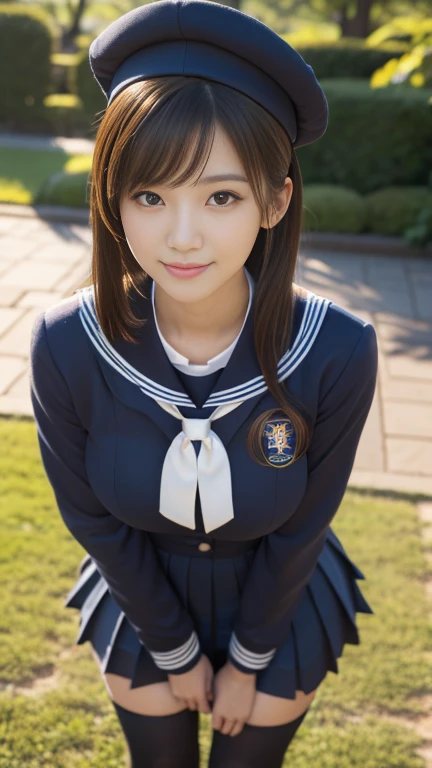 (A gorgeous Japanese idol, age 22 , wearing seifuku, school uniform, sailor moon, jk uniform, high-school uniform, red ribbon, sailor hat, knee high socks, at a botanical garden,
Easygoing expressions, kind smile, dimpled chins, cute snaggle-tooth, short bob hair ponytail, symmetrical face, realistic detailed face, beautiful detailed eyes, perfect body proportions, hourglass figure, ample round bosoms, huge breasts,
Raw photo, photorealistic, realistic portrait, hyper-realism, high contrast, ultra HD, realistic skin textures, top image quality, top-quality, super high resolution, fine details, very meticulously, masterpiece, medium shot, close-up shot, cowboy shot, High Angle Shot, bokeh background, SFW, Safe For Work)