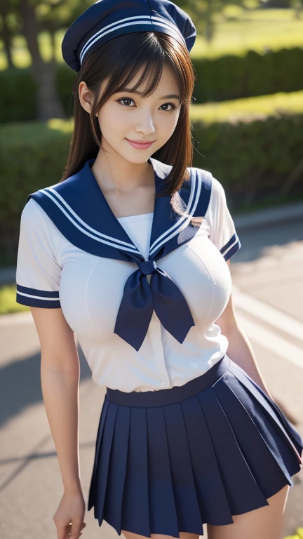 (A gorgeous Japanese idol, age 22 , wearing seifuku, school uniform, sailor moon, jk uniform, high-school uniform, red ribbon, sailor hat, knee high socks, at a botanical garden,
Easygoing expressions, kind smile, dimpled chins, cute snaggle-tooth, short bob hair ponytail, symmetrical face, realistic detailed face, beautiful detailed eyes, perfect body proportions, hourglass figure, ample round bosoms, huge breasts,
Raw photo, photorealistic, realistic portrait, hyper-realism, high contrast, ultra HD, realistic skin textures, top image quality, top-quality, super high resolution, fine details, very meticulously, masterpiece, medium shot, close-up shot, cowboy shot, High Angle Shot, bokeh background, SFW, Safe For Work)