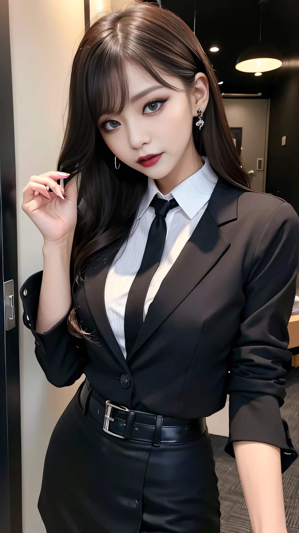 best quality、ultra-detailed、8k、Japanese、Seductive beauty、seductive adult woman、Pretty Woman、cool girl、smirk、Wicked Smile、Villainess、brainwash makeup、brainwash、Fallen into evil、Evil look、evil、Brown hair、wavy hair、swept bangs、dark makeup、piercing eyes、hollow eyes,half-closed eyes、Hollow Eyes、purple Eyeshadow、black lipstick、black lipglos、Purple Eyeshadow、black lipstick、black lip gloss、Dark Makeup、smirk、Whisper in my ear、office lady、business suit、black Jacket、Waist Length blouse、red ribbon、black Tight Skirt、pantyhose、night、inside darkroom、Kiss、I have lipstick、Are standing、Look、Offer、shoot from below、