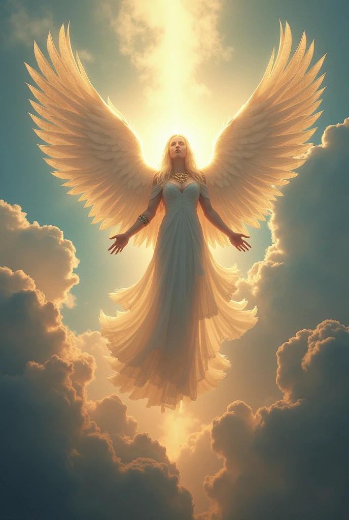 GOD, flying upright with your face shining in an endless sky