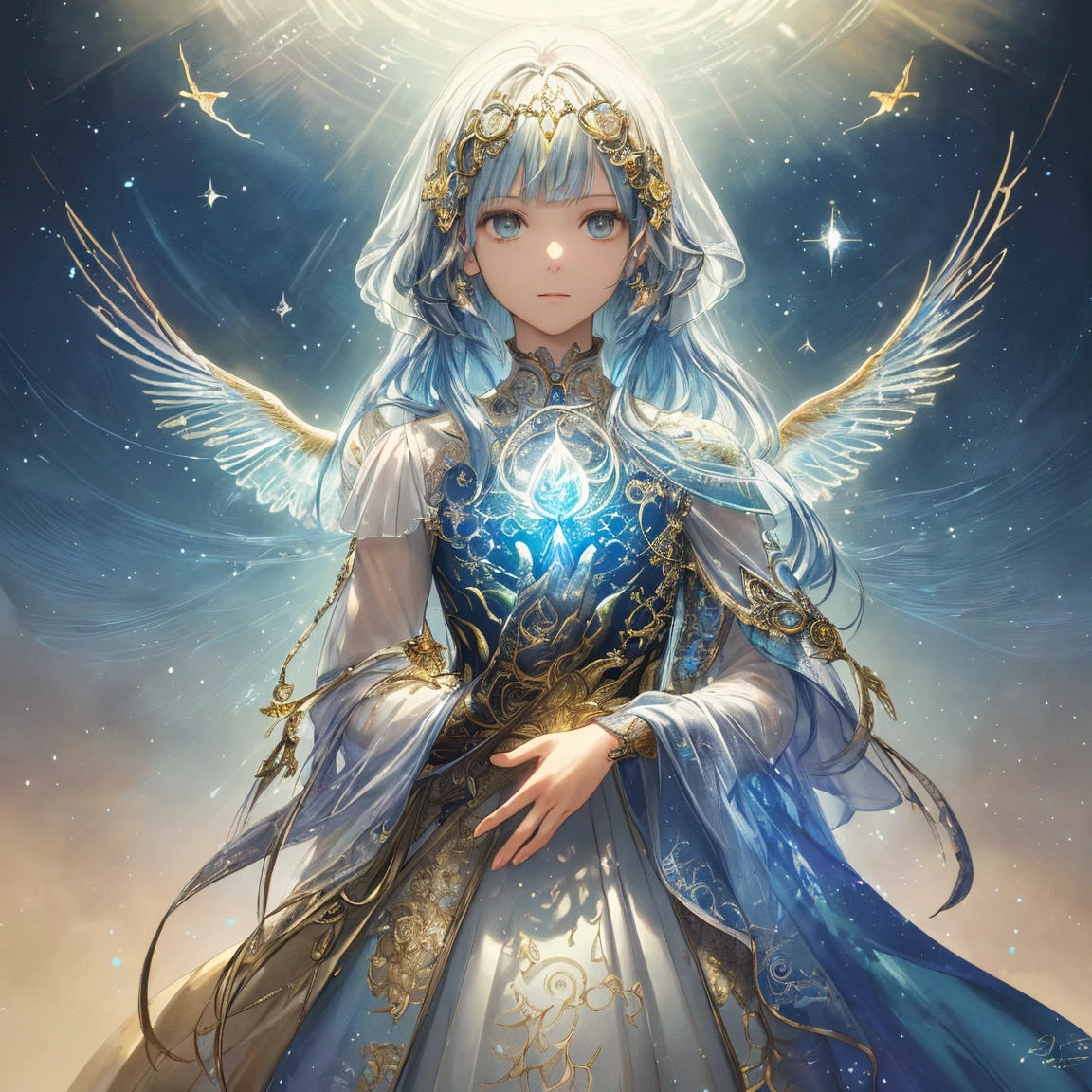 An awe-inspiring watercolor and ink masterpiece inspiring by Jasmine Becket-Griffith, featuring an enchanting, ethereal charming woman radiating celestial energy and holding a radiant light in her hands. Extraordinarily well detailed, serene and caring face. The artwork is alive with pastel hues, rainbow colors, and a double exposure effect, creating a mesmerizing interplay of light and shadow. Golden rays emanate from the central radiant light, casting a soft glow and a mysterious aura around the subject. Drawing inspiration from the styles of Yoji Shinkawa and Greg Rutkowski, this piece showcases delicate brushstrokes, vivid light effects, and an intricate interplay of dark fantasy elements. The HDR 8K, SSAO, and high-definition rendering enhance the vibrant colors and intricate details, making this illustration truly out of this world, fashionable, and immersive. Golden ratio in the proportions 