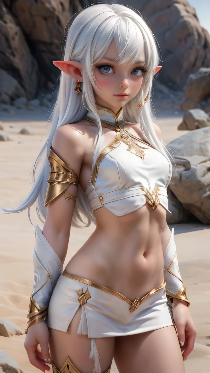 Ariel, upper body portrait, elf, white hair, beautiful, cute arabian clothes, warrior, midriff, fit, white hair, cowboy sho, desert background, realistic fantasy ,concept art
