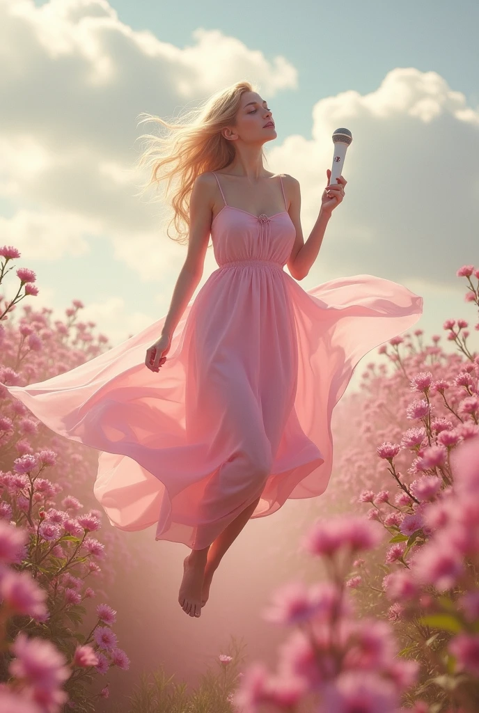 1 blonde woman, flying above pink flowers, she wears a long pink dress, he is from korea, and he carries a white Sennheiser skm 9000 mic