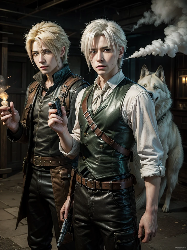 Cloud Strife with white hair and green eyes, using pistols in their hands, wearing steam punk clothes, with details of wolves.