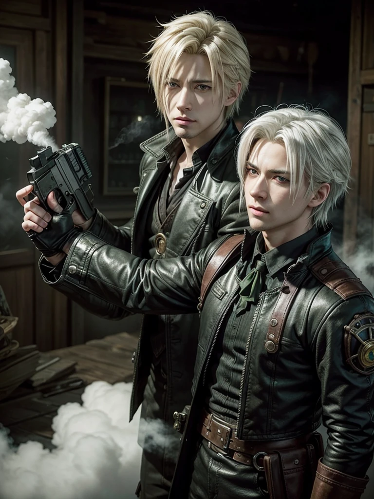 Cloud Strife with white hair and green eyes, using pistols in their hands, wearing steam punk clothes, with details of wolves.