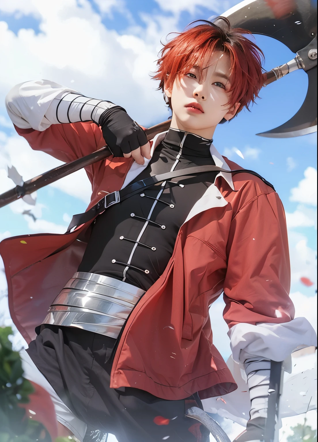 Stark, caracter of frieren anime, red eyes, black gradian red hair, black shirt, red jacket, holding axe, outdoor background, ultra realistic, ultra detailed, best quality, masterpiece.