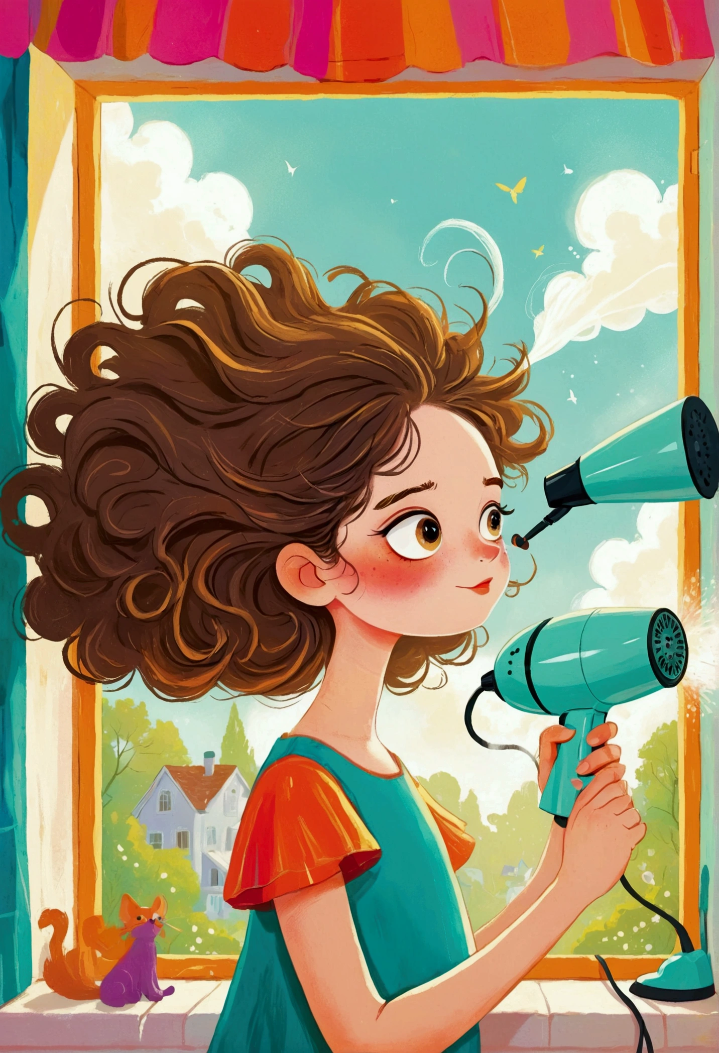Illustration of a girl holding a hairdryer in the window, Storybook illustrations by Nándor Katona, Shutterstock competition winner, Pop surrealism, Children's Book Illustrations, Colorfull illustration, Drawn in a whimsical style, Blow dry hair, In her hair, Children's illustrations, Blow dry hair, Children's Book Illustrations, Color illustrations, Cute storybook illustrations