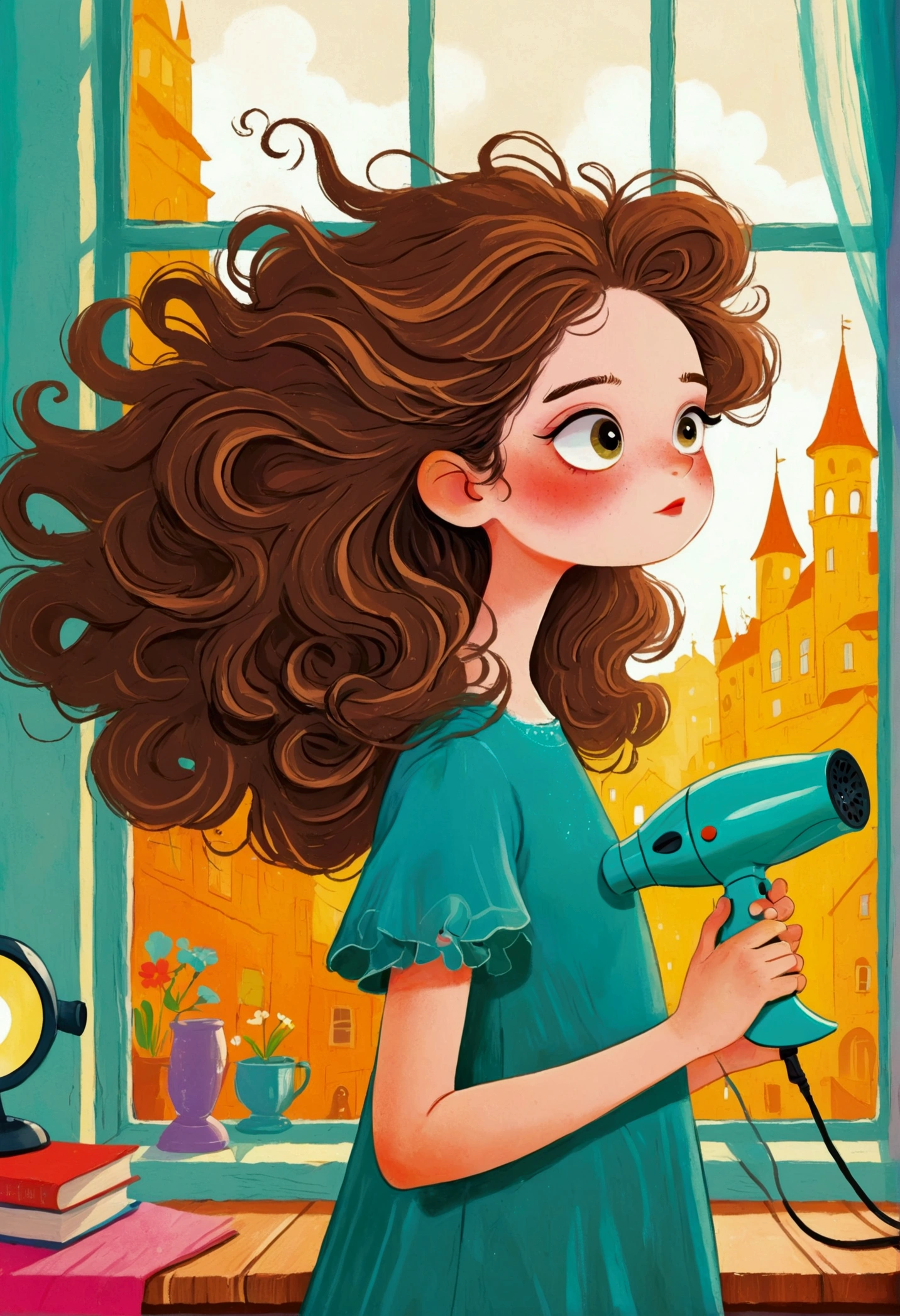 Illustration of a girl holding a hairdryer in the window, Storybook illustrations by Nándor Katona, Shutterstock competition winner, Pop surrealism, Children&#39;s Book Illustrations, Colorfull illustration, Drawn in a whimsical style, Blow dry hair, In her hair, Children&#39;s illustrations, Blow dry hair, Children&#39;s Book Illustrations, Color illustrations, Cute storybook illustrations