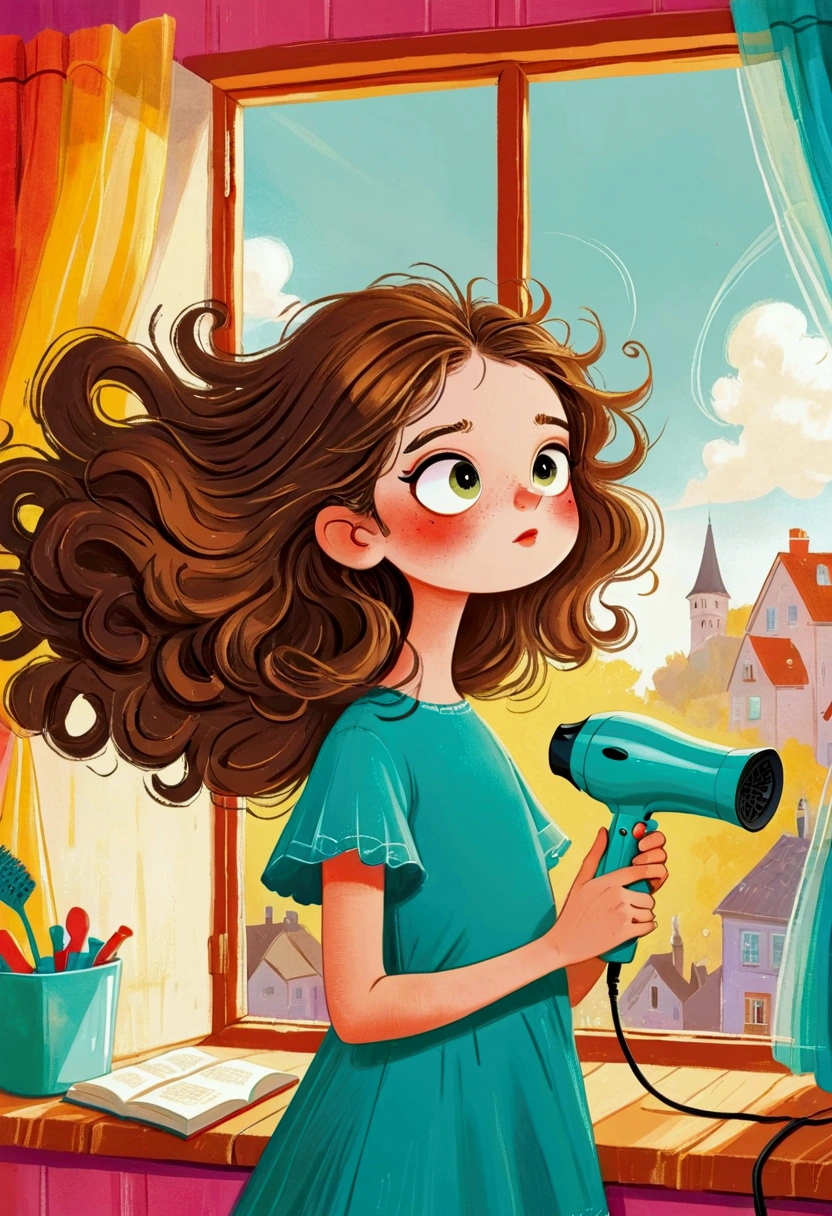 Illustration of a girl holding a hairdryer in the window, Storybook illustrations by Nándor Katona, Shutterstock competition winner, Pop surrealism, Children&#39;s Book Illustrations, Colorfull illustration, Drawn in a whimsical style, Blow dry hair, In her hair, Children&#39;s illustrations, Blow dry hair, Children&#39;s Book Illustrations, Color illustrations, Cute storybook illustrations