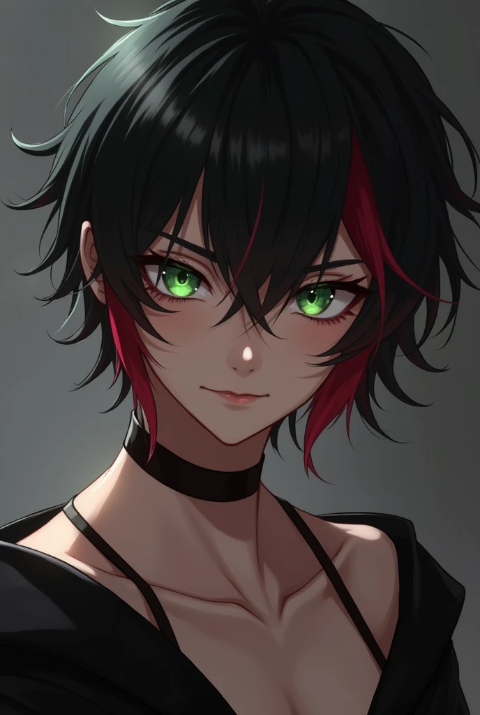 naughty man, 15year old, um pouco feminino mas naughty man , Caucasian skin, black hair but red at the ends, greeneyes, black clothes but the shoulders are open.