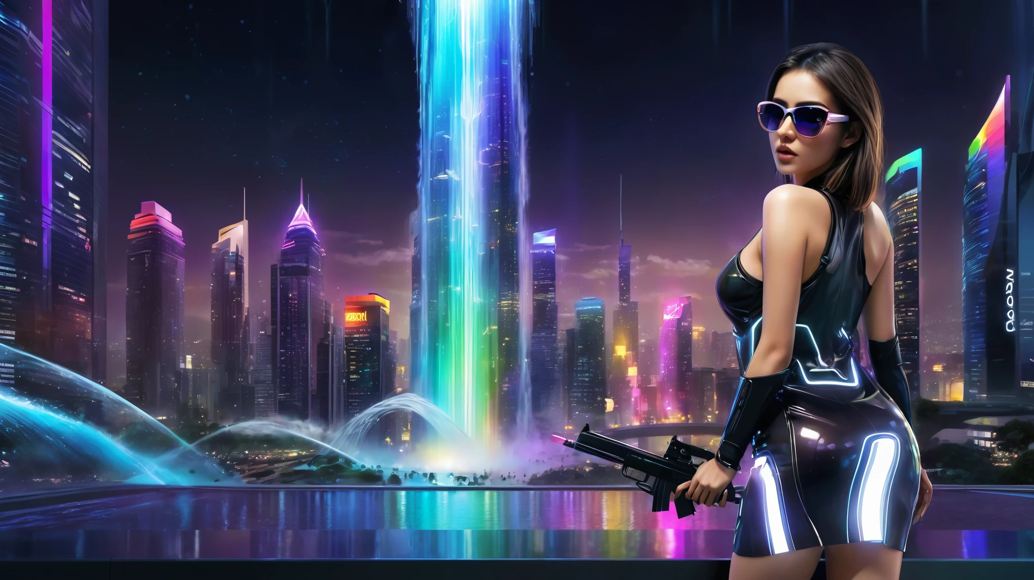 Estilo: arte conceitual. A cena: Futuristic cityscapes with colorful all-glass towering skyscrapers, sleek aerodynamic vehicles speeding through the air, rainbow colors waterfalls. High-resolution OLED GUI interfaces in the building, The windows are filled with transparent data visualization infographics that show it all, from weather patterns to traffic flow, Matrix cascading code. Colors are saturated and vibrant, com rosas e roxos quentes dominando o horizonte. Adobe Photoshop zoom blur effect background. At night, (1girl, solo), photo realistic, medium-breast:1.3 slim body, cleavage, sling top, miniskirt, (matrix style black sunglasses, holding a short gun), half-body thigh level medium shot, cinematic lighting, ray tracing.