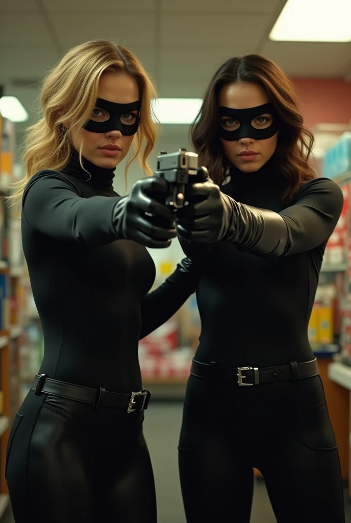scarlett johansson et natalie portman elle porte une tenu moulante et elle porte une cagoules avec dès trou aux niveaux de ses yeux et elle porte des gants en cuir et Lons avec un pistolets pour faire un braquege dans un magasin pour vider la caisse elle point son pistolets sur la famme de la caisses pour la vider