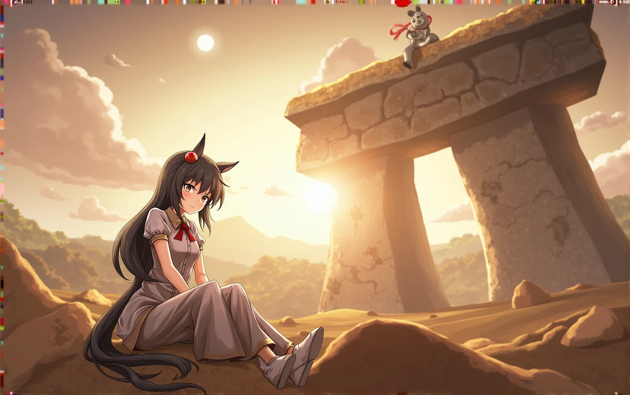 black hair, hair bobbles, wince, longeyelashes, solid circle eyes, fake animal ears, light smile, ear blush, fang, ccurate, Surrealism, drop shadow, anaglyph, stereogram, tachi-e, pov, atmospheric perspective, 8k, super detail, best quality