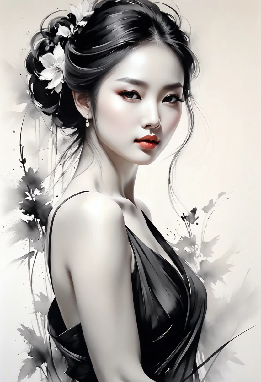 elegant maiden,black andwhite水墨画,loose brushwork,Pen outlines delicate lines,Fluid action,Subtle shades of paint,elegant posture,A peaceful expression,Delicate facial features,black andwhite,to clean