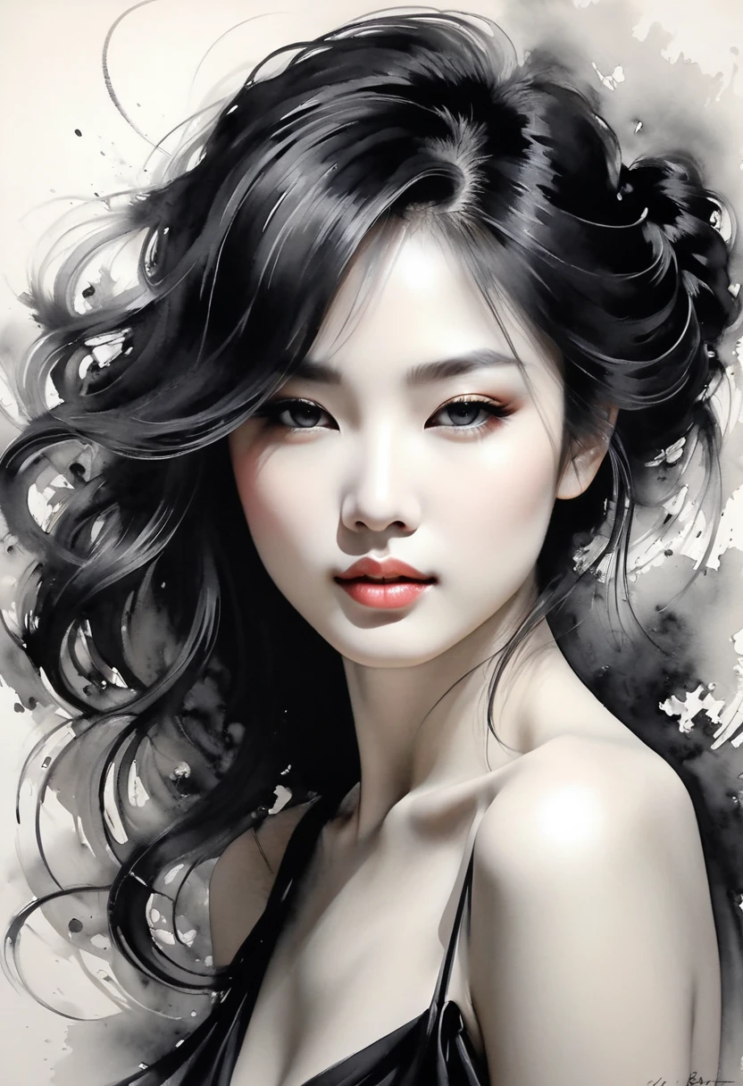 elegant maiden,black andwhite水墨画,loose brushwork,Pen outlines delicate lines,Fluid action,Subtle shades of paint,elegant posture,A peaceful expression,Delicate facial features,black andwhite,to clean