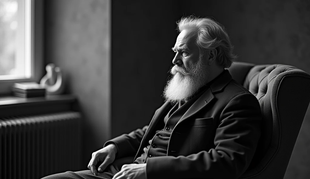 ((best qualityer)), make a black and white image of the philosopher Pierre-Joseph Proudhon a little further away in a room