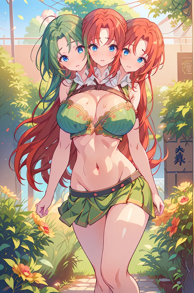 (masterpiece, best quality),best quality, (ultra-detailed), (3heads:1.5), 1girl, (ultra-detailed), (3heads:1.5), 1girl, (hong meiling:1.3), masterpiece, (best quality:1.5, highres, UHD), highres, absurdo, ultra detail, ultra quality, Ultra resolution, green top, crop top, ((stomach)), midriff, ((groin)), green skirt, miniskirt, normal ears, shackles, (red hair), (redhead), very long hair, wavy hair, sidelocks, blue eyes, parted lips, midriff, sweat, cute, toned belly, hand on own chest, eyelashes, (24 year old woman:1.3), (masterpiece:1.5), (best quality:1.5), (beautiful detailed), extremely detailed CG, extremely delicate and beautiful, depth of field, (finely detailed face), (perfect details:1.2), (mature female:1.3), wide pelvis, slender, large veiny breast, 16k resolution, high quality, high definition, extremely detailed, masterpiece, (red hair), long hair, (same hair color), alluring presence, twin braid, short skirt, close up, very big tits, huge breasts, young, striped, wearing a green beret, hair ornament, chinese clothes, star hat ornament, open belly, nsfw, girl with three heads, three headed girl,