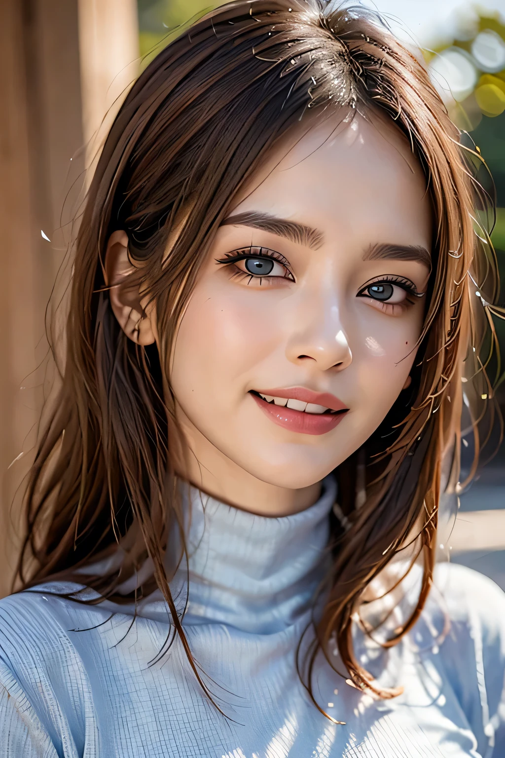 ((masterpiece)), ((Highest quality)), ((Complex)), ((Surreal)), (Realistic), (Mature Woman), ((There are no classes)), Very detailed, (1 female), Beautiful and exquisite, (Beautiful Teeth), Grin, Brunette bob hair, Brown eyes, ((Blue turtleneck)), (Upper Body), (background:none), Perfect Eyes, Captivating eyes, Looking at the audience