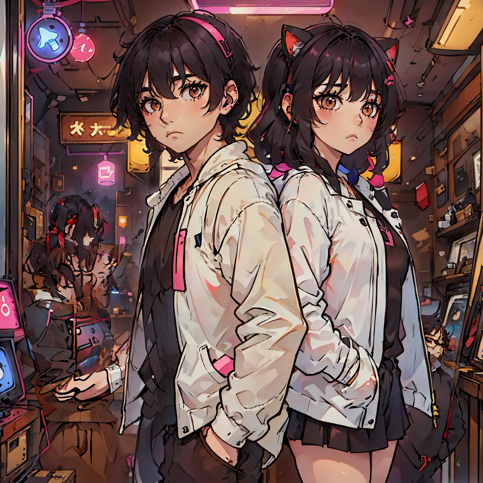 a boy and a neko girl are listening to music with headphones together in an old vinyl store, a room with a lot of singer poster, 80s style, with neon lights. The atmosphere is sad when the girl wanna break up.