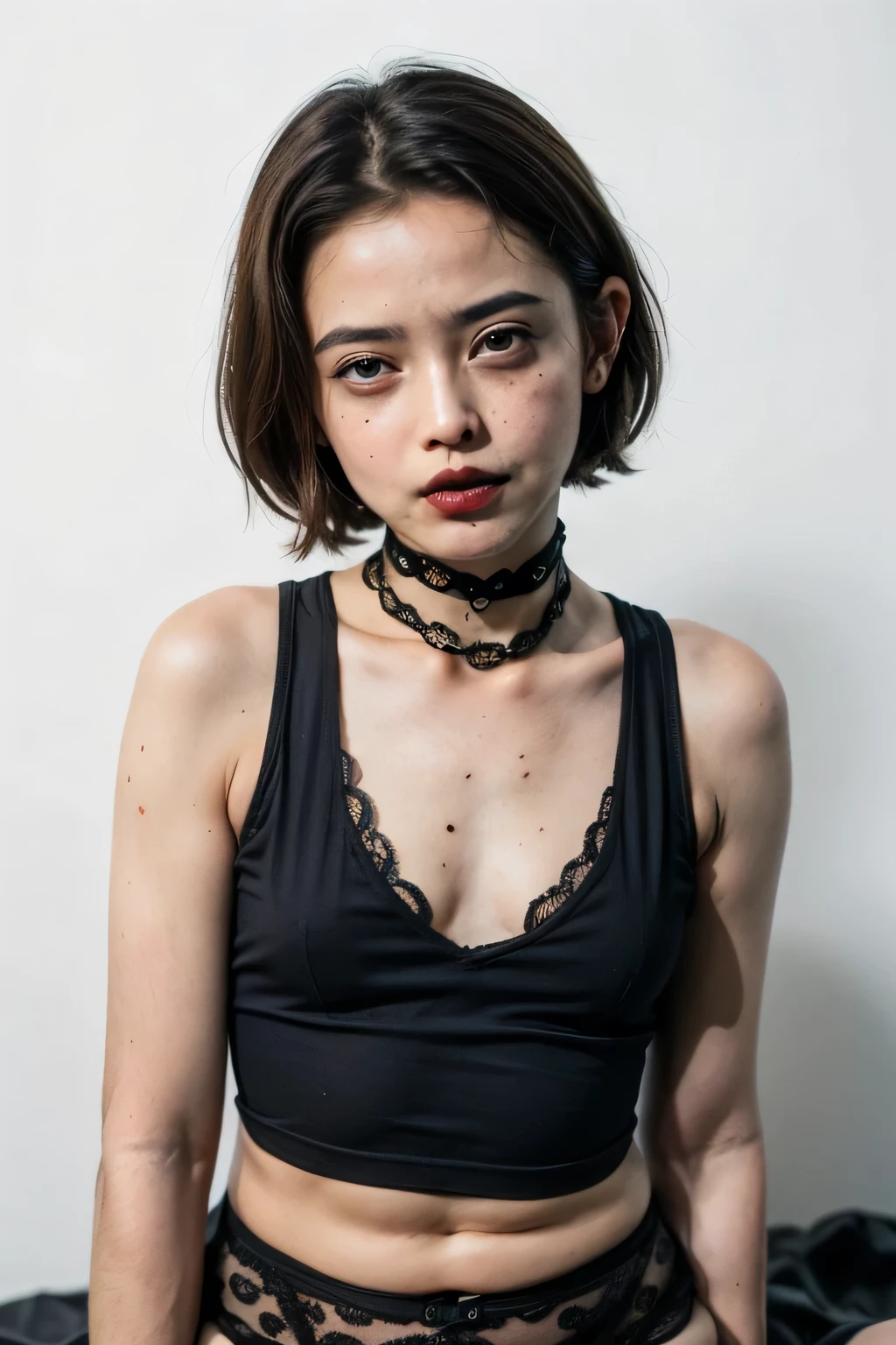 (((SAD FACE EXPRESSION:1.1)), ((NECK LACE)), ((GOTHIC BLACK EYELASHES & LIPS)), ((BLACK LIPS)), ((Very Shorthaircut)), adorable, 1 girl, (face to face), , baby face, happy, half body portrait, (face details: 1), (eye details: 1), ((tiny breasts)). ((croptank leopard pattern)), ((net stockings)), lingerie ((red lips)), view from lie down