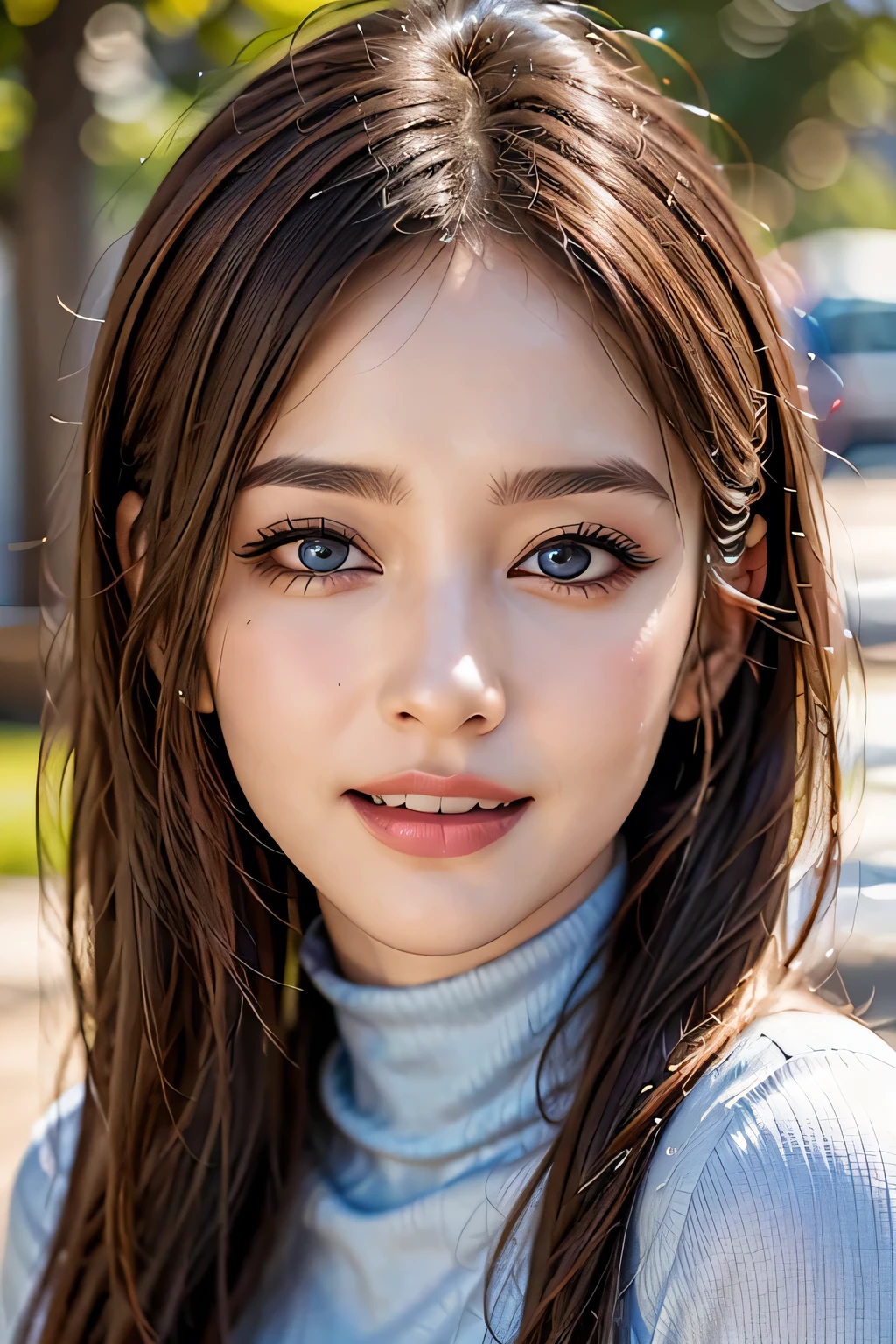 ((masterpiece)), ((Highest quality)), ((Complex)), ((Surreal)), (Realistic), (Mature Woman), ((There are no classes)), Very detailed, (1 female), Beautiful and exquisite, (Beautiful Teeth), Grin, Brunette bob hair, Brown eyes, ((Blue turtleneck)), (Upper Body), (background:none), Perfect Eyes, Captivating eyes, Looking at the audience