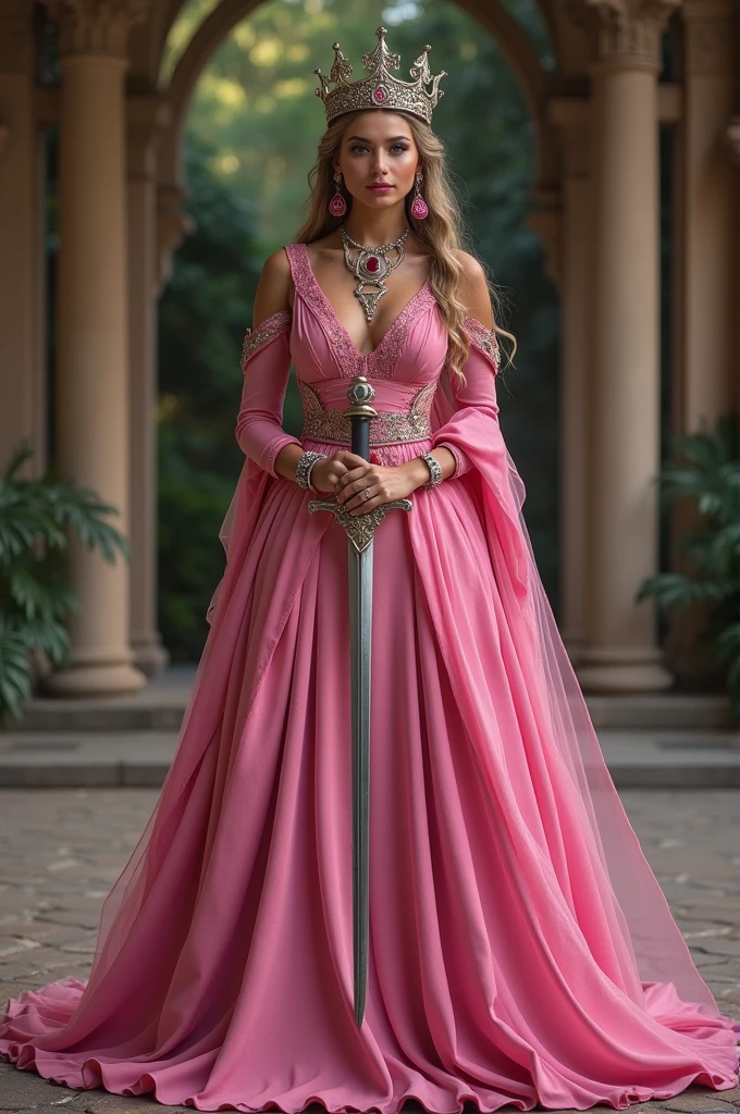 women , high , long pink dress in V-neck shape , sword crown , Alas , eye necklace, Wanda costume 