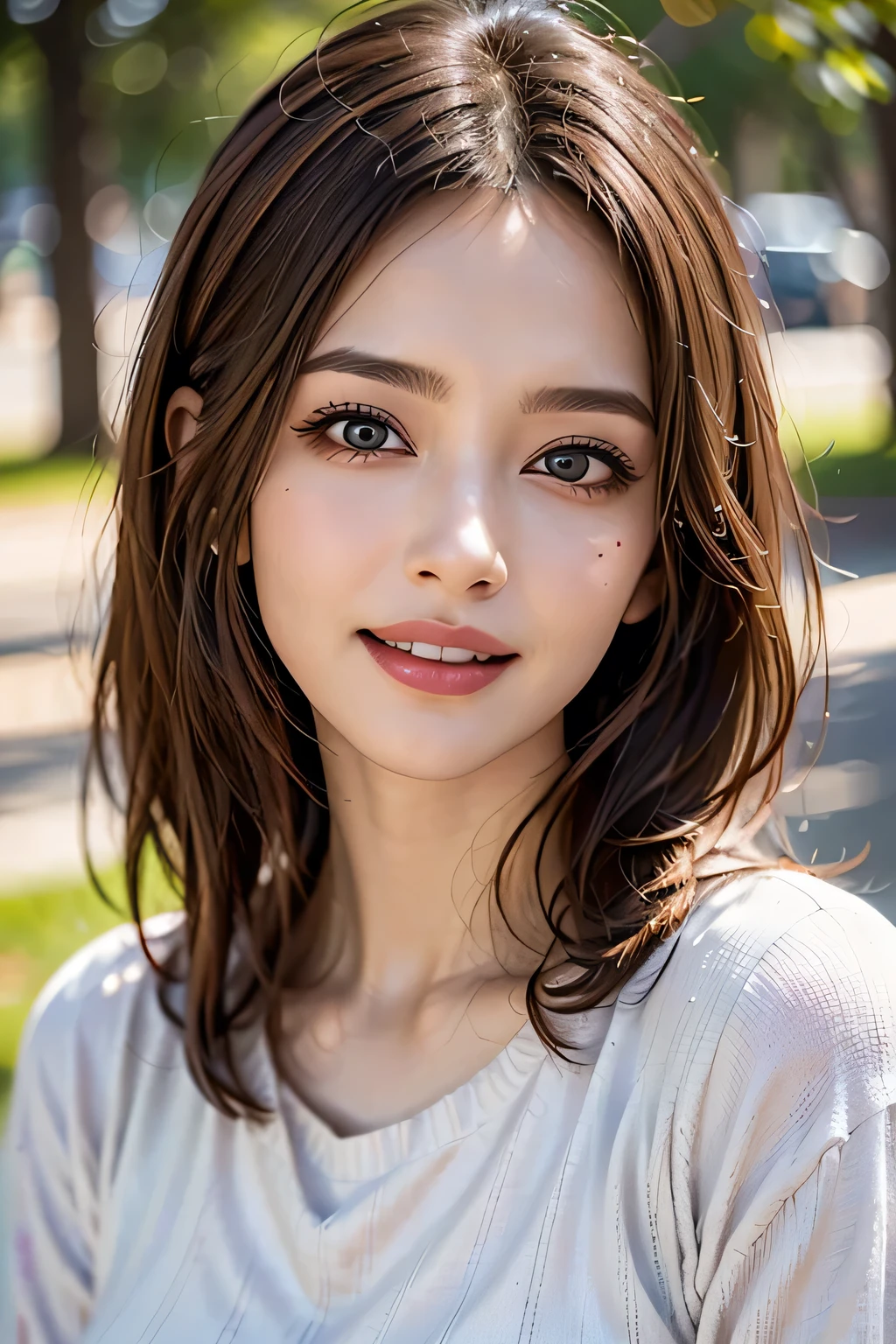 ((masterpiece)), ((Highest quality)), ((Complex)), ((Surreal)), (Realistic), (Mature Woman), ((There are no classes)), Very detailed, (1 female), Beautiful and exquisite, (Beautiful Teeth), Grin, Brunette bob hair, Brown eyes, ((Random color summer sweater)), (Upper Body), (background:none), Perfect Eyes, Captivating eyes, Looking at the audience