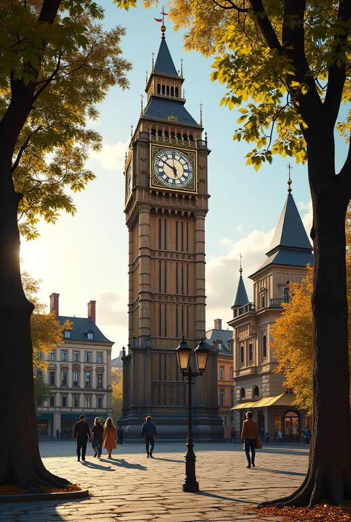 Imagine the scene of an ancient and peaceful square, with a giant clock in the center. This tower clock dominates the landscape, with a classic design and ornate bronze and gold details. The dial is large and well lit, with imposing hands that indicate the time precisely. The surrounding square is covered with stones and surrounded by ancient trees with leaves fluttering in the gentle wind.. Some people walk calmly, admiring the clock, as the soft late afternoon light bathes the scene in golden and orange hues.