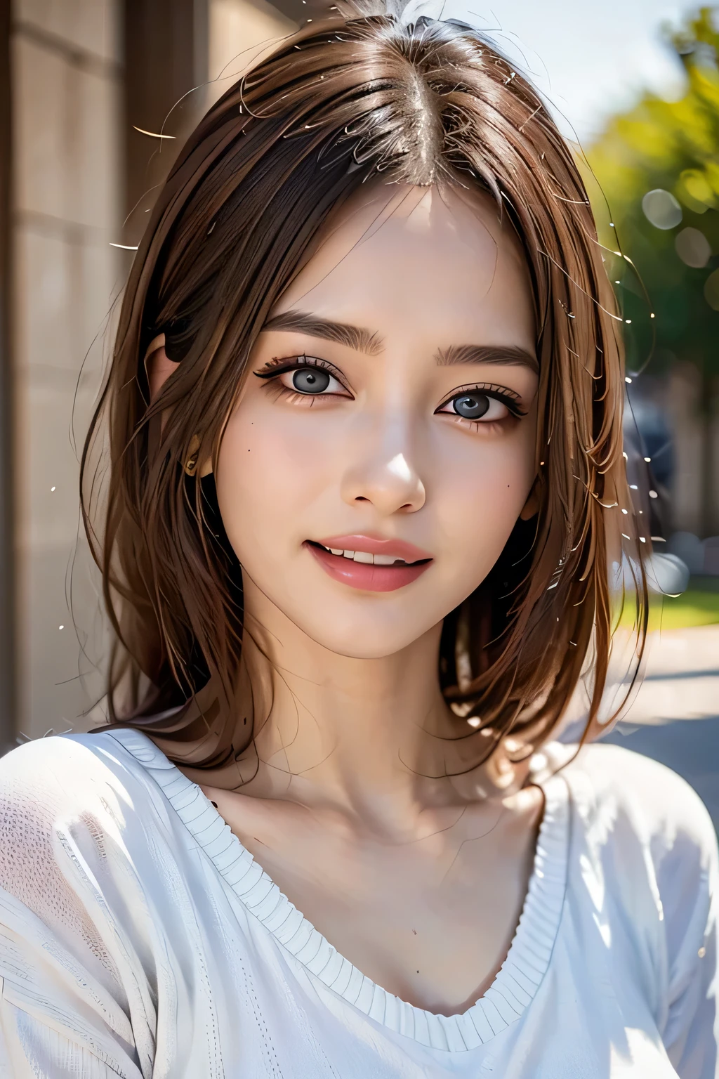 ((masterpiece)), ((Highest quality)), ((Complex)), ((Surreal)), (Realistic), (Mature Woman), ((There are no classes)), Very detailed, (1 female), Beautiful and exquisite, (Beautiful Teeth), Grin, Brunette bob hair, Brown eyes, ((Random color summer sweater)), (Upper Body), (background:none), Perfect Eyes, Captivating eyes, Looking at the audience