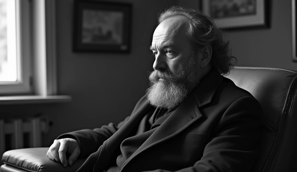 ((best qualityer)), make a black and white image of the philosopher Pierre-Joseph Proudhon a little further away in a room