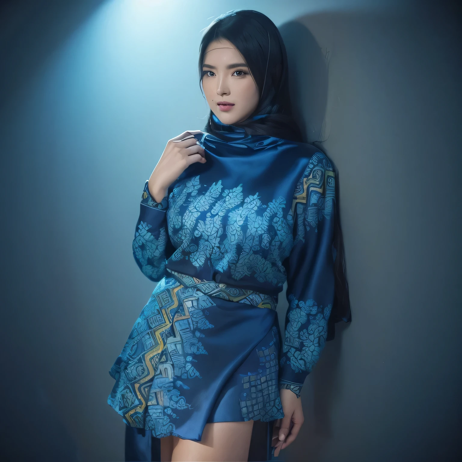 (masterpiece), (best quality), (digital painting), wide shot angle, 1 beautiful woman, thick eyebrows, curled eyelashes, facial details, long hair, Huge breasts, ((bluebatik shirt, silk cloth_pattern)), repeating pattern design, blue short skirt, hips, background, shop street, highly detailed, intricate, 8k octane rendering