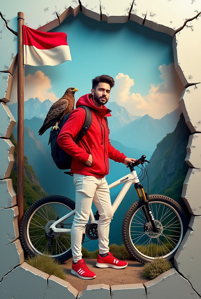 Gambar 4D abstrak seorang pria ganteng tersenyum memakai jaket red celana putih sepatu catch red, carry a backpack,ada sebuah bendera red putih indonesia dengan tiang kayu berada di punggungnya ,dia sedang berdiri dgn sepeda mountain putih yg berada disampingnya tangan pada stang sepeda,an eagle's tail is on his shoulder ,mountain,tree,contrast in a cracked frame of shining platinum metal,whole picture with color,,milk gold,blue,red,green,black,cream ,create unique and fantastic effect images, images in the frame come out of the frame,,with a touch of neon on the side of the frame and a reflective shadow at the bottom of the frame,side fiew