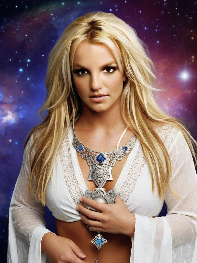 Britney Spears  beautiful celtic knotwork, (vertical symmetry:1.2), the mysterious celtic goddess arianrhod, an incredibly beautiful ethereal detiy with very long white hair, silver eyes, perfect hands, beautiful hands, flowing white robe, detached sleeves, long wide sleeves, intricate fabric, goddess of the moon, silver, and the wheel, representing cycles, time, and fate, "silver wheel" or "silver circle", associated with celestial elements, the moon and stars, lunar goddess, her domain extends to the night sky, associated with fate and destiny, her spinning of the cosmic wheel is associated with the weaving of fate, martius_nebula background, perfect celtic knotwork circle in the background, cosmic energy, ultra detailed melhor qualidade realisitic, realisitic, award-winning illustration, (Highly detailed texture of face and skin), (all-body), (Complicated Detail: 1.2), (fine-details), (Complicated Detail), (Cinematic Lights, better quality backlight), Sharp lines, sharp focus, offcial art, unity wallpaper 8k, absurdrez, Unbelievably absurd, huge filesize, -, Fantasyart, RTX,((close-up photo of the award-winning studio)), , (escape), , perfect hands, beautiful detailed eyes, face perfect