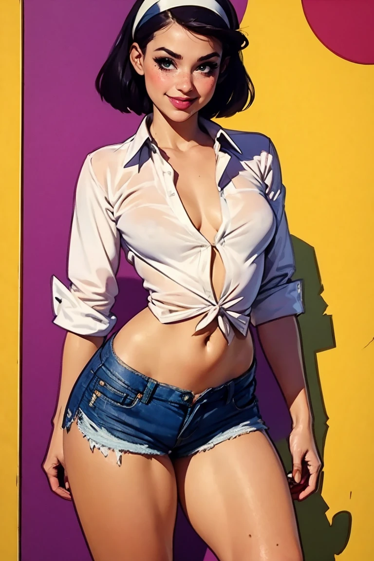 Alluring young girl, smile, collared shirt, unbuttoned shirt, sleeves rolled up, denim shorts, small breast, hairband, (wide hips), sexy thighs, ((straight hair)), comic retro style, (masterpiece, best quality:1.2), simple background