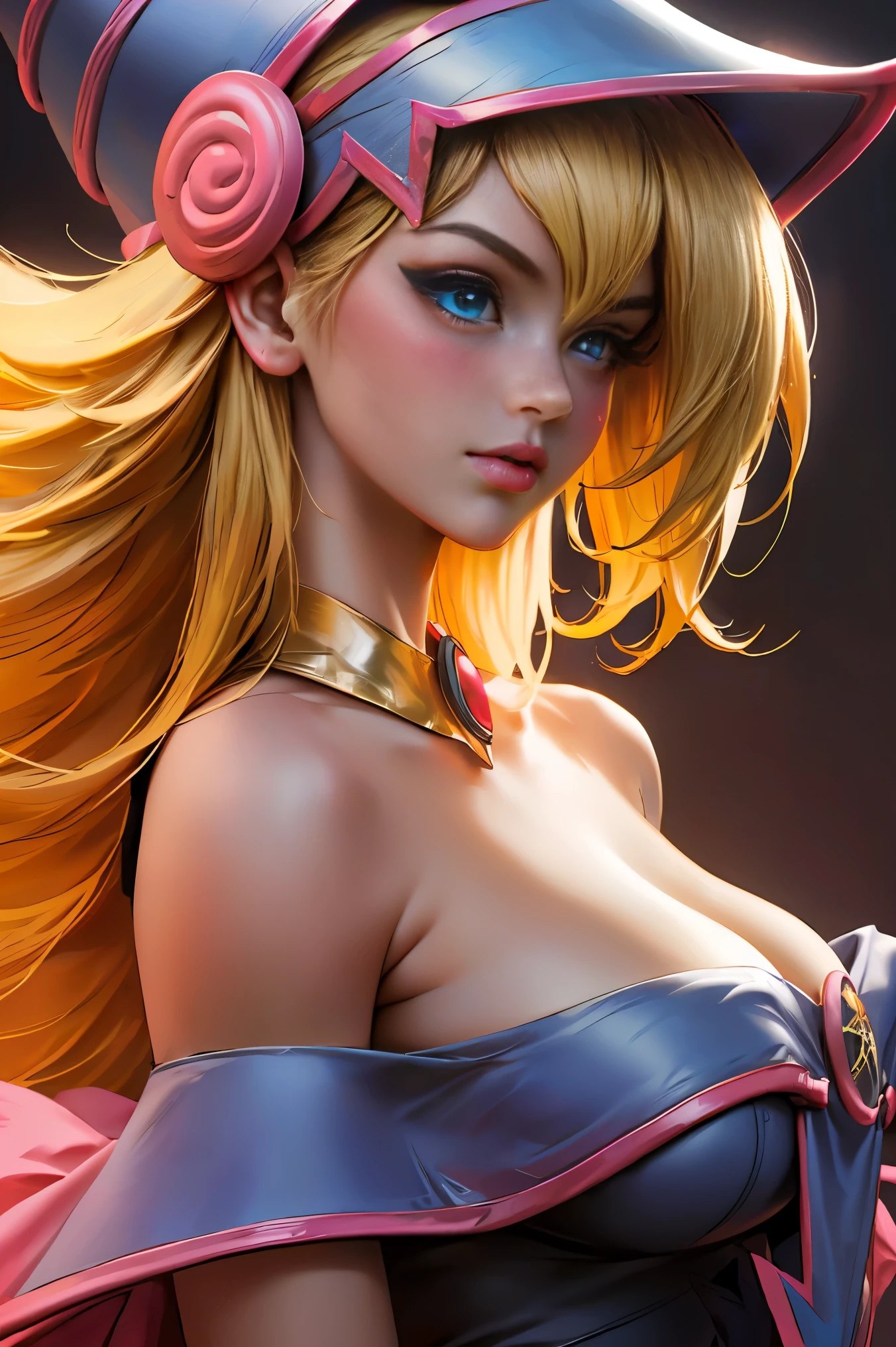 half body shot. beautiful face dark Magician girls，blond hair. blue eyes.  pink lips. Thick and long eyelashes. Highlight beautiful nails. big breasts. 