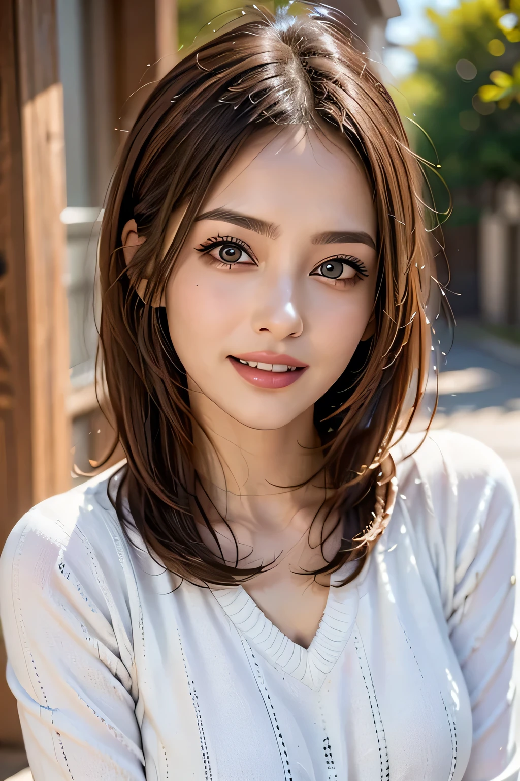((masterpiece)), ((Highest quality)), ((Complex)), ((Surreal)), (Realistic), (Mature Woman), ((There are no classes)), Very detailed, (1 female), Beautiful and exquisite, (Beautiful Teeth), Grin, Brunette bob hair, Brown eyes, ((Random color summer sweater)), (Upper Body), (background:none), Perfect Eyes, Captivating eyes, Looking at the audience