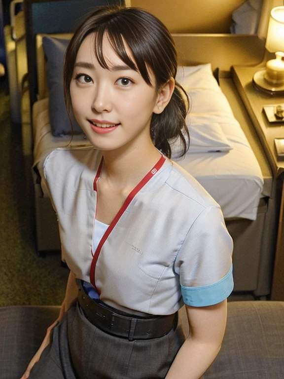(Masterpiece, Best quality:1.2), (Ultra realistic, Photo-realistic:1.2), Full body, (From above, looking up:1.3), (kneeling:1.3), Natural light, 25 years old actress, Japanese women, Neat and clean, (cabincrew uniform:1.1), unbutton, (ponytail:1.2), Light brown hair color, (Beautiful Face), Oval face, clear, (Beautiful eyes, Kind eyes), (Clear skin), Small face, (Small mouth, Beautiful mouth), Natural makeup, Approachable, (Luxury hotel Suite room, On bed:1.2), nsfw, Seductive smile, (Seductive pose:1.2), Beautiful thighs, Bedroom eyes,