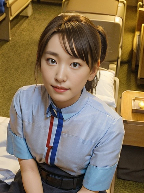 (Masterpiece, Best quality:1.2), (Ultra realistic, Photo-realistic:1.2), Full body, (From above, looking up:1.3), (kneeling:1.3), Natural light, 25 years old actress, Japanese women, Neat and clean, (cabincrew uniform:1.1), unbutton, (ponytail:1.2), Light brown hair color, (Beautiful Face), Oval face, clear, (Beautiful eyes, Kind eyes), (Clear skin), Small face, (Small mouth, Beautiful mouth), Natural makeup, Approachable, (Luxury hotel Suite room, On bed:1.2), nsfw, Seductive smile, (Seductive pose:1.2), Beautiful thighs, Bedroom eyes,