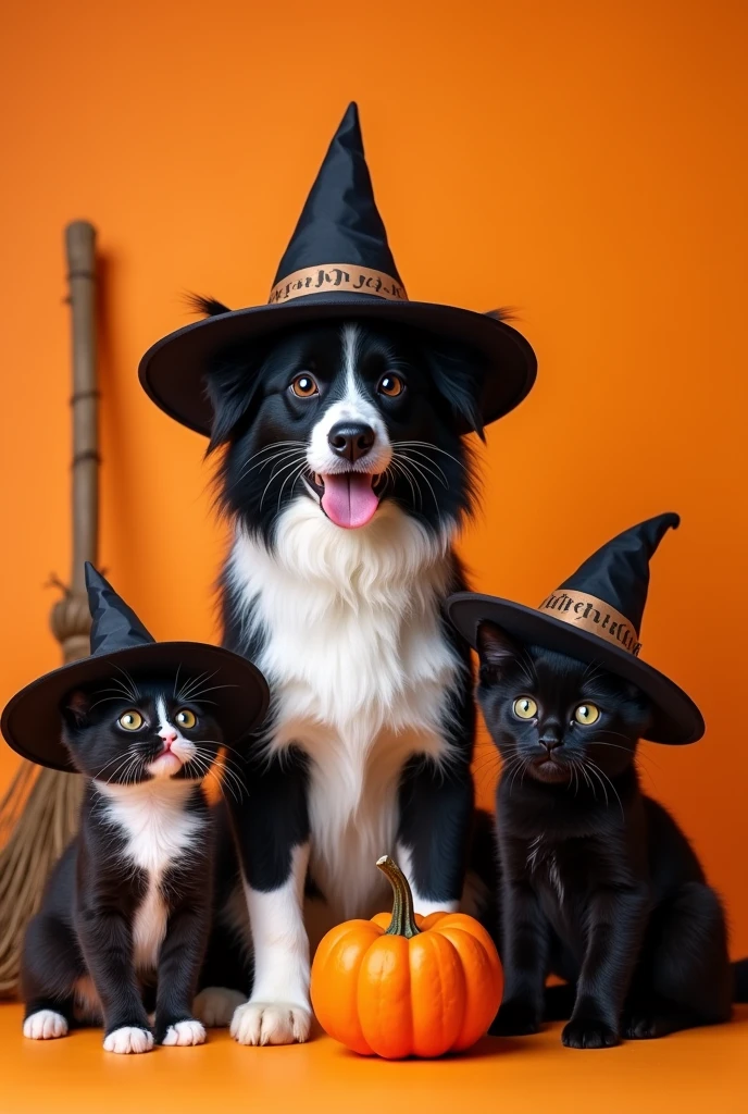 Realistic image of an adult black and white cat wearing a witch&#39;s hat, a black kitten with a witch&#39;s hat and a chubby black Beauceron dog with a witch&#39;s hat, all with short fur, orange background, witch&#39;s broom and halloween pumpkins