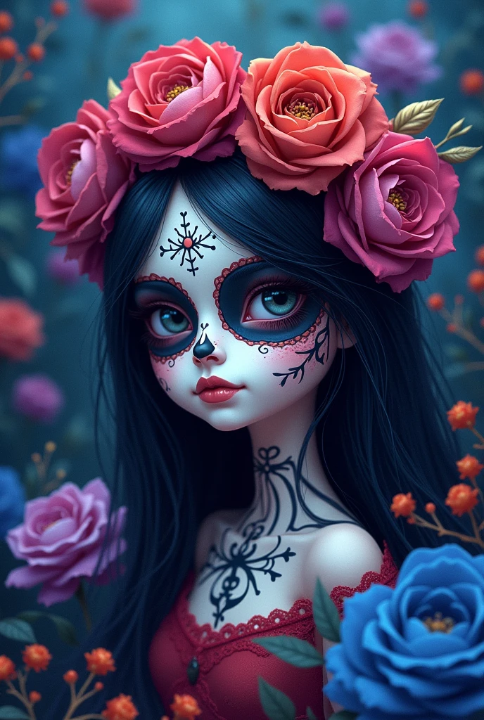 Doll with catrina makeup with a headband of roses with blue colors, purple and red 2d drawing pastel color illustration. With a background of burgundy and blue purple roses