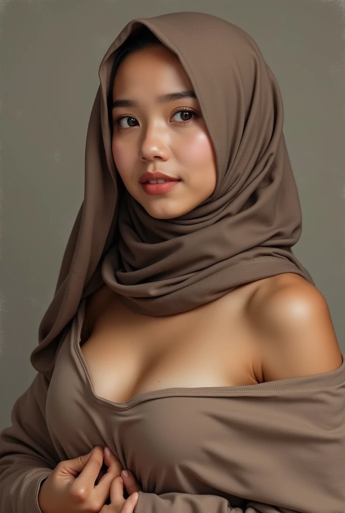 Nude 24 year old teenage indonesian woman with hijab,medium breast,wide hips,office background,smiling,night time