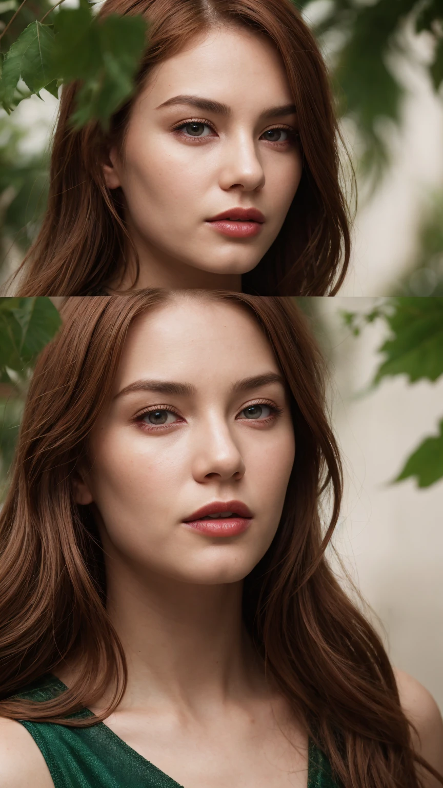 a woman with red hair and green leaves, hyper-realistic skin, shiny/glossy, modern jewelry, gongbi, portraiture, dark teal and light gold, tropical landscapes, Face portrait photo oF a 21-year-old German woman, .raw, beautiFul woman, half strawberry lips, Fossettes, nostalgic look, green eyes, great student, Large eyelashes, (Brown extra long wavy hair), ((detailed Face)), ((detailed Facial Features)), (Finely detailed skin), red skin, (Deep neckline detailing high-tech cyberpunk dress), Cyberpunk Cyberpunk big city environment, (cold colors), moist, moist, reFlections, (masterpiece) (height ratio / perfect width) (photo realist) (best quality) (detailed) Shot with Canon EOS R5, ObjectiF 50mm, F/2.8, human development report, (8k) (wallpaper) (light) (Dramatic Light) (sharp focus) (complicated)