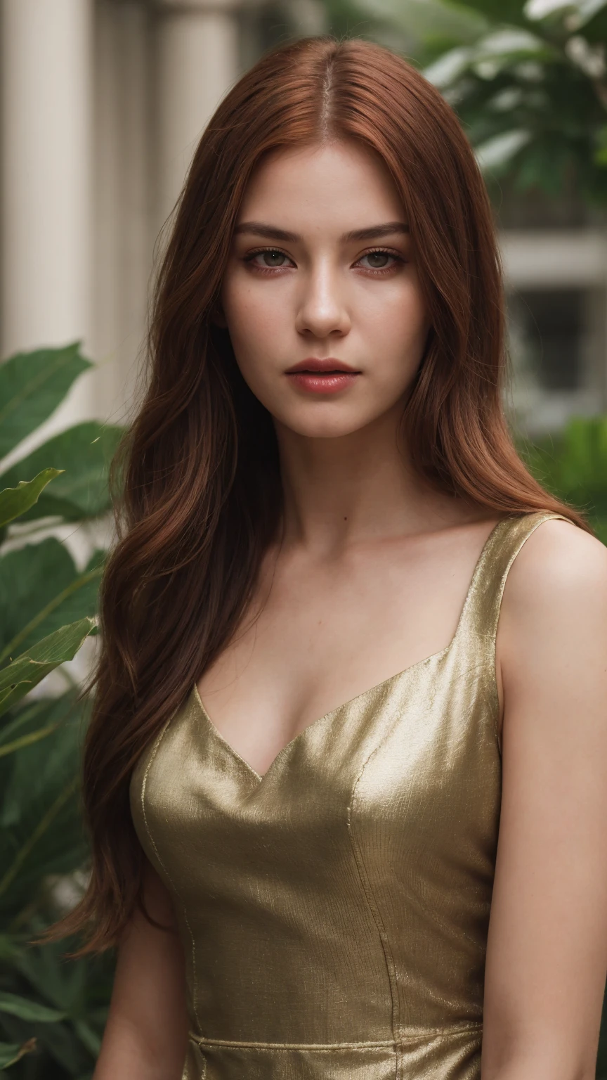 a woman with red hair and green leaves, hyper-realistic skin, shiny/glossy, modern jewelry, gongbi, portraiture, dark teal and light gold, tropical landscapes, Face portrait photo oF a 21-year-old German woman, .raw, beautiFul woman, half strawberry lips, Fossettes, nostalgic look, green eyes, great student, Large eyelashes, (Brown extra long wavy hair), ((detailed Face)), ((detailed Facial Features)), (Finely detailed skin), red skin, (Deep neckline detailing high-tech cyberpunk dress), Cyberpunk Cyberpunk big city environment, (cold colors), moist, moist, reFlections, (masterpiece) (height ratio / perfect width) (photo realist) (best quality) (detailed) Shot with Canon EOS R5, ObjectiF 50mm, F/2.8, human development report, (8k) (wallpaper) (light) (Dramatic Light) (sharp focus) (complicated)